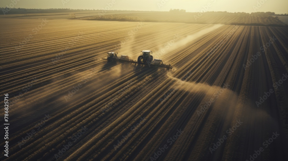 Poster generative ai aerial shot showcasing the organized rows of potato plants being harvested using moder