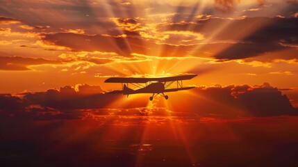 A small plane is seen flying through a cloudy sky. The silhouette of the aircraft is highlighted against the backdrop of grey clouds. The plane appears to be in motion, soaring through the overcast we