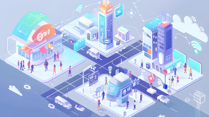 isometric illustration of people in the city. The concept of smart city and wireless communication.