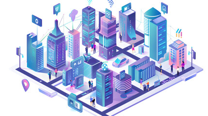Isometric flat design concept of smart city with skyscrapers and people. 