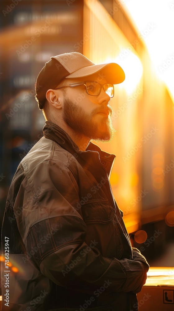 Aufkleber a man with a beard and glasses is wearing a hat and jacket. he is standing in front of a train