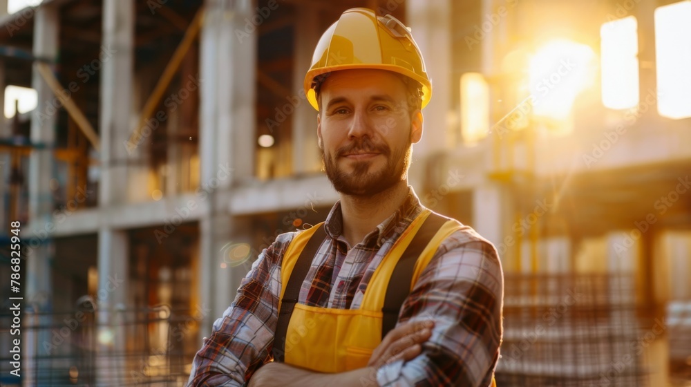 Poster a man wearing a yellow vest and a hard hat is standing in front of a building. he is smiling and loo