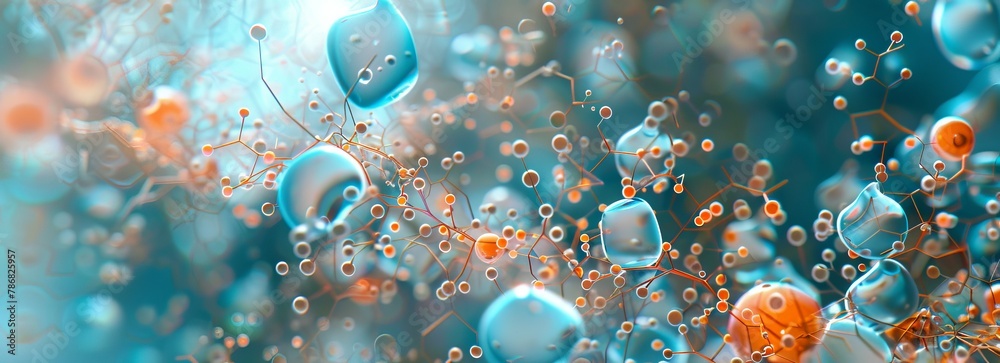 Poster Multiple bubbles of varying sizes floating in the air, reflecting light and colors. The bubbles appear to be translucent and spherical, moving upwards in a random pattern.