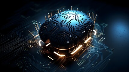 Glowing Artificial Intelligence Brain on Futuristic Circuit Board Concept of Advanced Digital Technology and Innovative Cybersecurity
