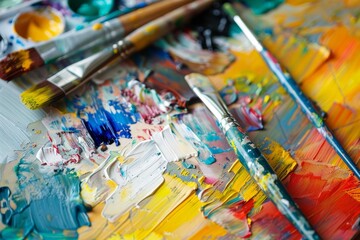Fototapeta premium A vibrant art studio with colorful paint palettes, bold brush strokes, and abstract canvases, Generative AI