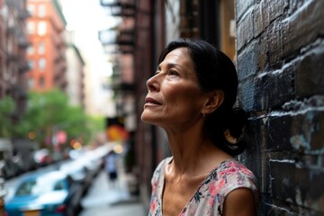 Mature Asian woman in New York City, Manhattan, looking away
