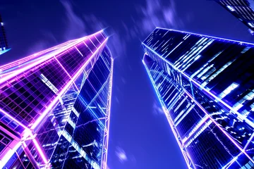 Tableaux ronds sur plexiglas Anti-reflet Bleu foncé Admiring midnight symmetry of purple skyscraper lights in city skyline