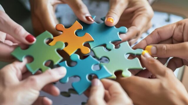 Hands work together to assemble vivid blue, yellow, red and green puzzle pieces. Fingers interlock the pieces, gradually completing the puzzle. 