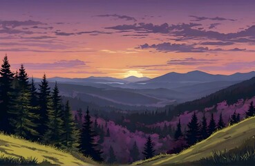 Panoramic view of mountain landscape with forest and hill under violet sky with dawn and clouds - vector