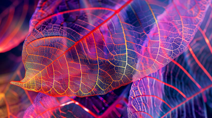 Leaf skeleton illustration. Abstract background rengen amazing nature lines. Neon colors