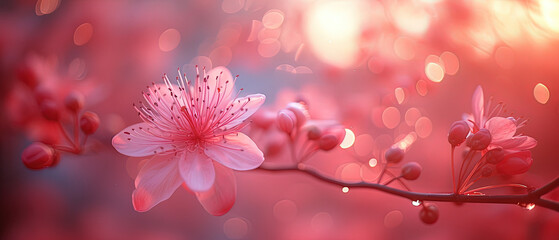 a pink flower that is on a branch with water droplets