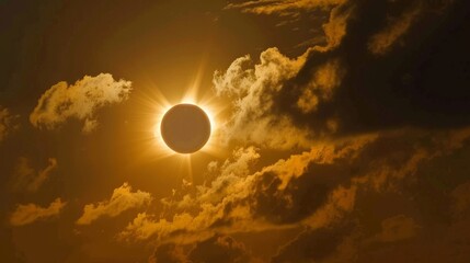 Naklejka na ściany i meble Brilliant solar eclipse with dramatic setting. A stunning view of a solar eclipse surrounded by powerful sunbeams, rays piercing through a dynamic setting, symbolizing awe and wonder
