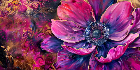 Purple anemone blossom oil painting. Banner with beautiful spring flower. - obrazy, fototapety, plakaty