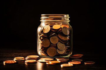 A jar full of gold coins on a table.