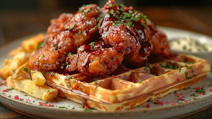 karaage chicken on waffle with fries and Mayo