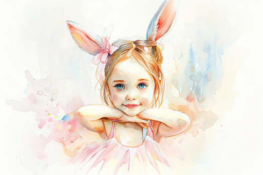 Happy girl smiling in a ballerina dress. She have a cute and playful buns. Funny illustration.