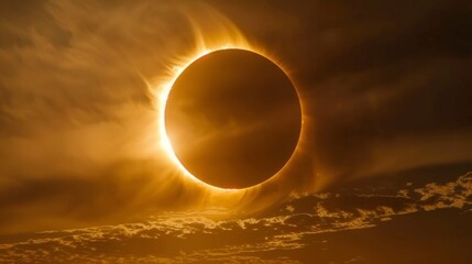 Obraz premium Brilliant solar eclipse with dramatic setting. A stunning view of a solar eclipse surrounded by powerful sunbeams, rays piercing through a dynamic setting, symbolizing awe and wonder
