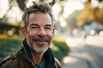 Portrait of a handsome mature man with gray beard and mustache outdoors