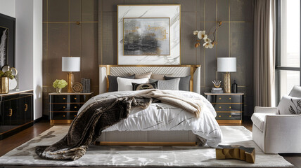 Design a stylish bedroom retreat featuring a combination of faux marble and sleek metallic accents for a modern edge.