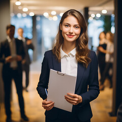 Young Lady Holding Clipboard in Office