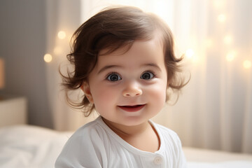 Cute little baby with curly hair on bed at home, closeup