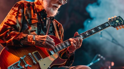 Elderly man performing a rock guitar solo on stage at a music festival