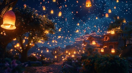 A festival of lights where every lantern is a captured star, held once a year in a hidden realm - obrazy, fototapety, plakaty