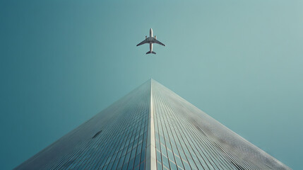 Airplane Flying Over Modern Glass Skyscraper