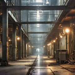 old abandoned factory,An atmospheric industrial environment with gritty metal surfaces and dimly...