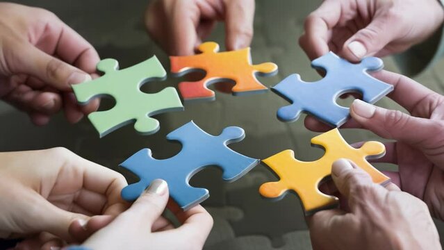 Hands work together to assemble vivid blue, yellow, red and green puzzle pieces. Fingers interlock the pieces, gradually completing the puzzle. 