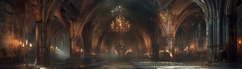 A gothic cathedral that extends deep underground, its crypts home to ancient and forgotten gods - obrazy, fototapety, plakaty
