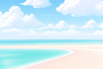 Obraz premium Summer beach scene, sea ​​blue sky cloud sunny summer 2d render