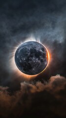 Naklejka na ściany i meble Brilliant solar eclipse with dramatic setting. A stunning view of a solar eclipse surrounded by powerful sunbeams, rays piercing through a dynamic setting, symbolizing awe and wonder