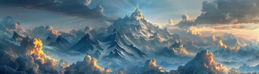 A mountain peak that pierces the heavens, home to gods and spirits who descend during celestial events - obrazy, fototapety, plakaty