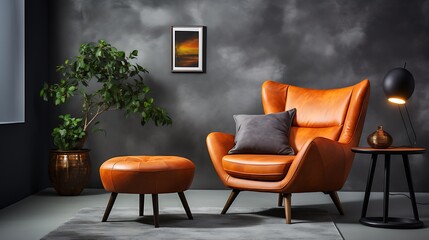 Modern Interior With Orange Colored Leather Armchair Sconce Coffee Table And Gray Wall 