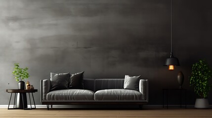 Modern interior design of living room. Black sofa and empty mockup wall background 