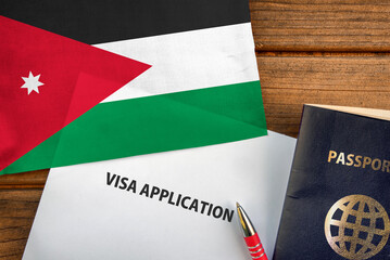 Visa application form, passport and flag of Jordan
