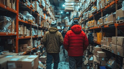 A group of couriers collaborates seamlessly in a warehouse, reflecting teamwork and coordination.