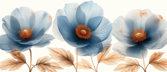 a three blue flowers with brown leaves on a white background