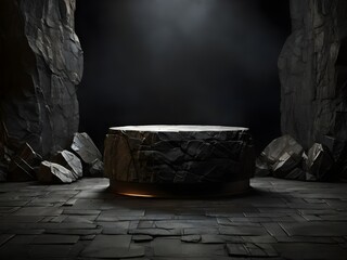 photo dark close up Stone podium with rock texture background and cinematic light