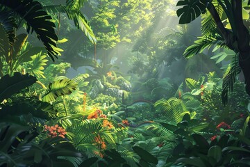 A lush, green forest with vibrant plants