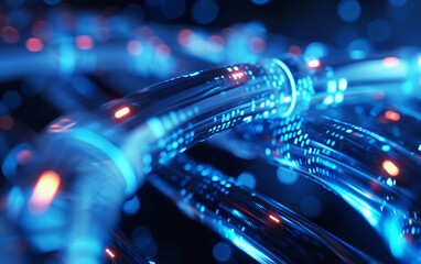 Glowing data fiber optic cables light while transferring data information, technology background.
- 786830994