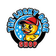 A duck wearing a red hat and smiling. Duck logo for toy company