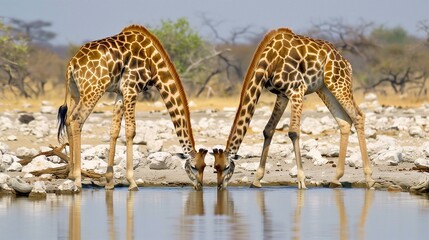Two giraffes drinking water from a pond - obrazy, fototapety, plakaty