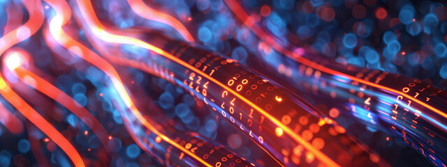 Glowing data fiber optic cables light while transferring data information, technology background.

