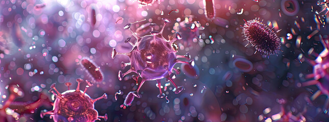 Virus background, Flu, viruses, and bacteria shape against the background. Close-up of virus cells or bacteria - obrazy, fototapety, plakaty