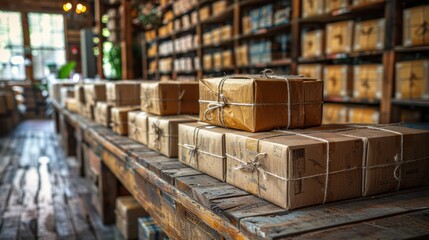 A stack of parcels awaits distribution, conveying anticipation and excitement for recipients. - obrazy, fototapety, plakaty