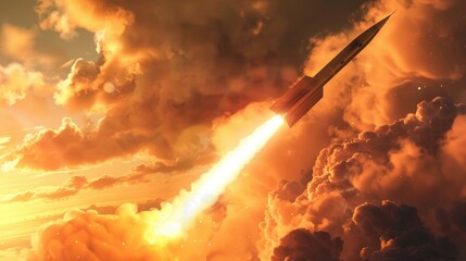 Dramatic scene of a missile launch from a launcher, aimed skyward with a backdrop of gathering clouds - obrazy, fototapety, plakaty