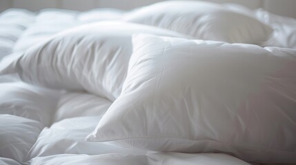 Dreamy close-up of pristine white pillows, inviting a night of peaceful, comfortable sleep