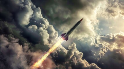 Dramatic scene of a missile launch from a launcher, aimed skyward with a backdrop of gathering clouds - obrazy, fototapety, plakaty